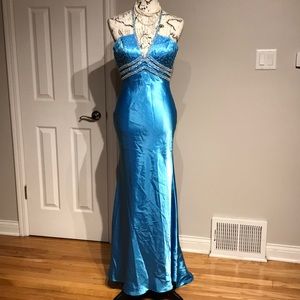 ✈️Vintage Y2k Mermaid Satin Halter Formal Evening High Low Flare Beads Pencil